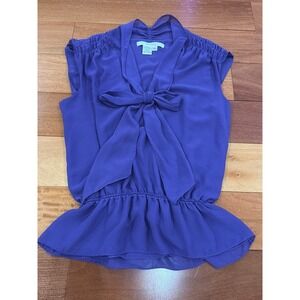 Studio M Blouse Womens Purple Bow Tie Neck Smocked Peplum Sleeveless XL